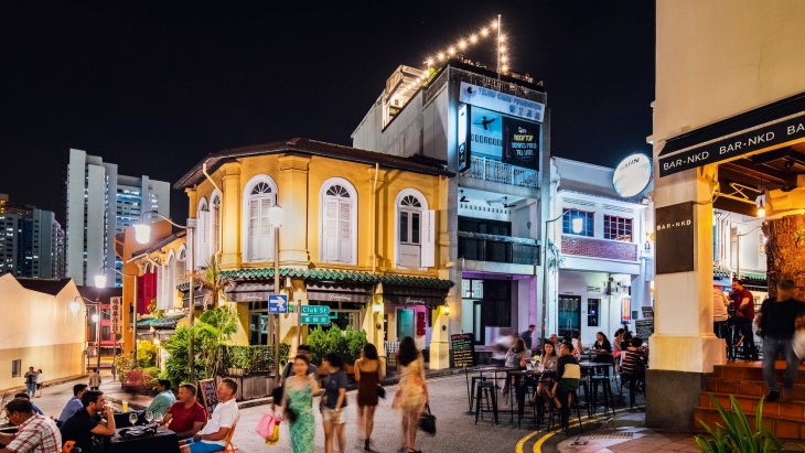Night shot of shophouses along Ann Siang and Club Street