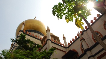 Wide shot of the golden dome of Sultan Mosque at Kampong Gelam