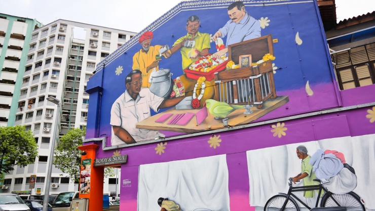 In this mural, a local artist pays homage to the traditional trades that were once prevalent in Little India.
