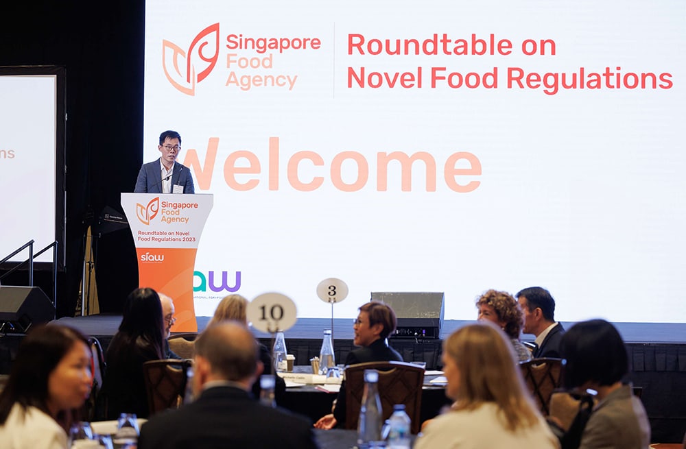 A speaker addresses the Roundtable on Novel Food Regulations at SIAW 2023 held at Marina Bay Sands Expo & Convention Centre
