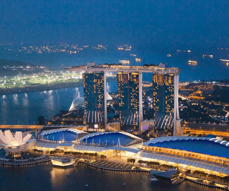 Drone view of the iconic Marina Bay Sands