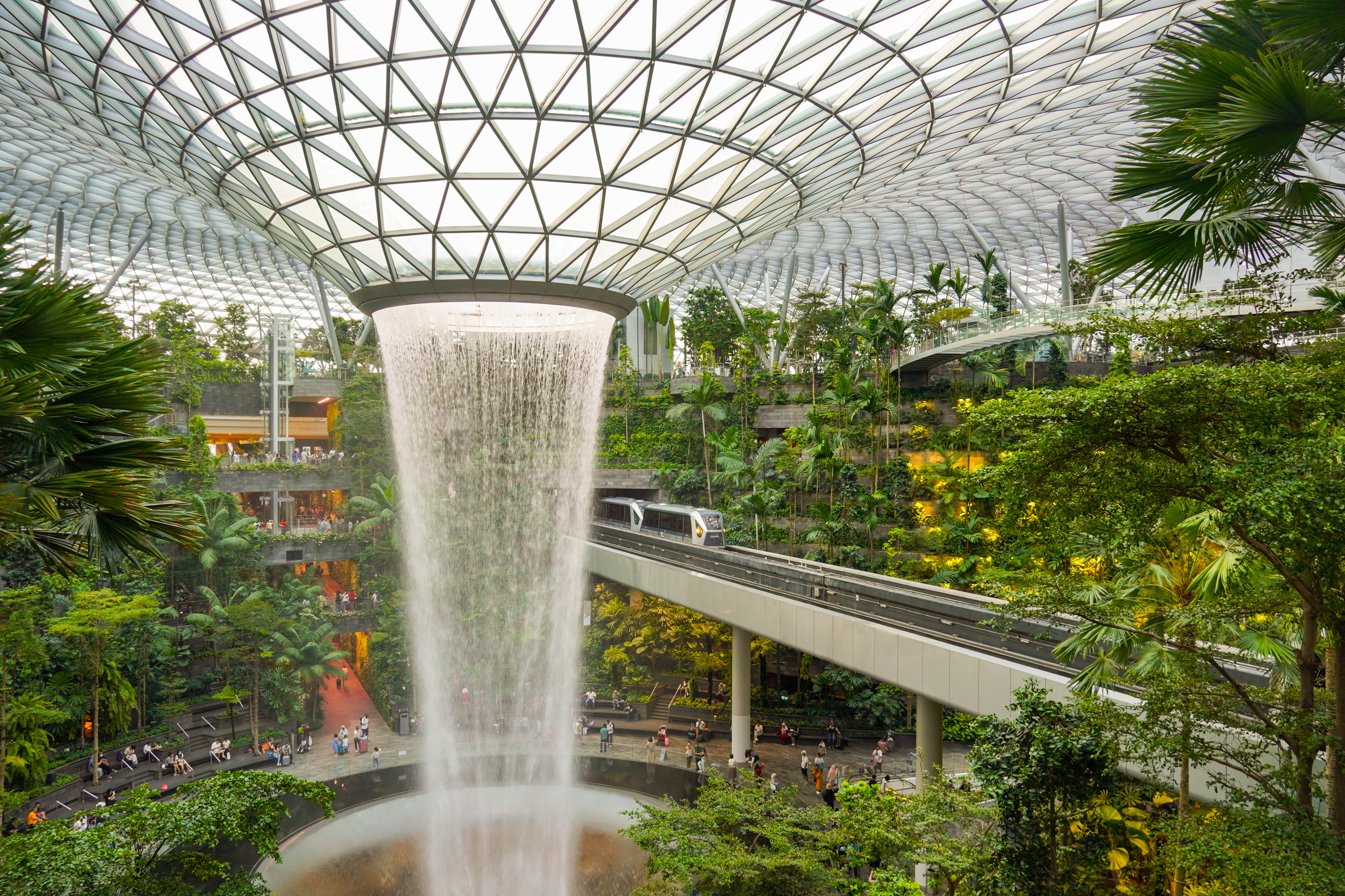 View Jewel Changi Airport's Waterfall Rain Vortex as you shop and dine