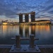 Aufnahme des Sonnenuntergangs hinter der Marina-Bay-Skyline vom Ufer des Singapore River aus gesehen