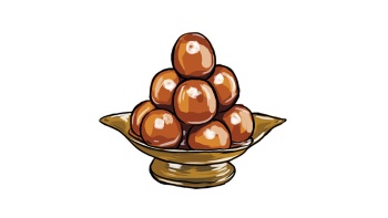 Eine Schale mit <i>Gulab Jamun</i>, einem traditionellen indischen Dessert aus frittierten Milchbällchen, die in süßem Sirup getränkt sind. 