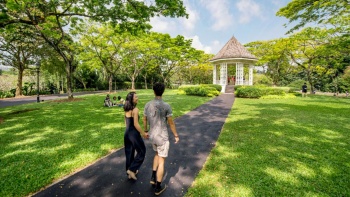 Pärchen beim Spaziergang auf einem Fußweg in den Singapore Botanic Gardens