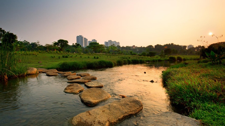 Ein Sonnenuntergang am Fluss im Bishan-Ang Mo Kio Park