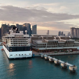 Aerial view of Marina Bay Cruise Centre Singapore against the Singapore skyline