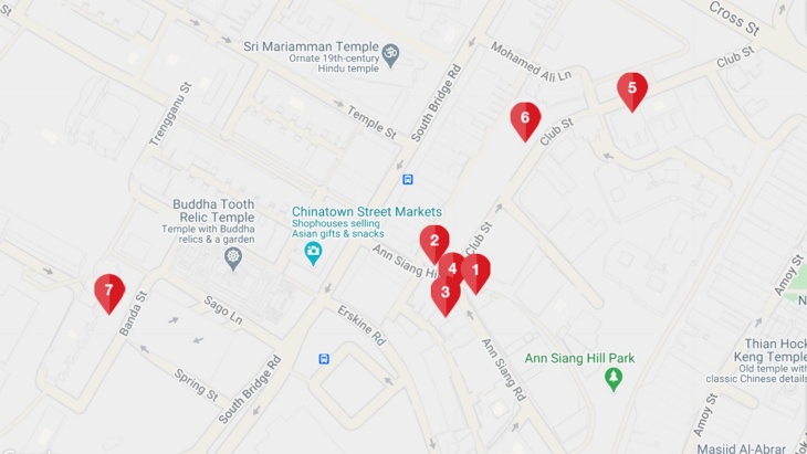 Kartenübersicht von Bars in Ann Siang Hill und Club Street