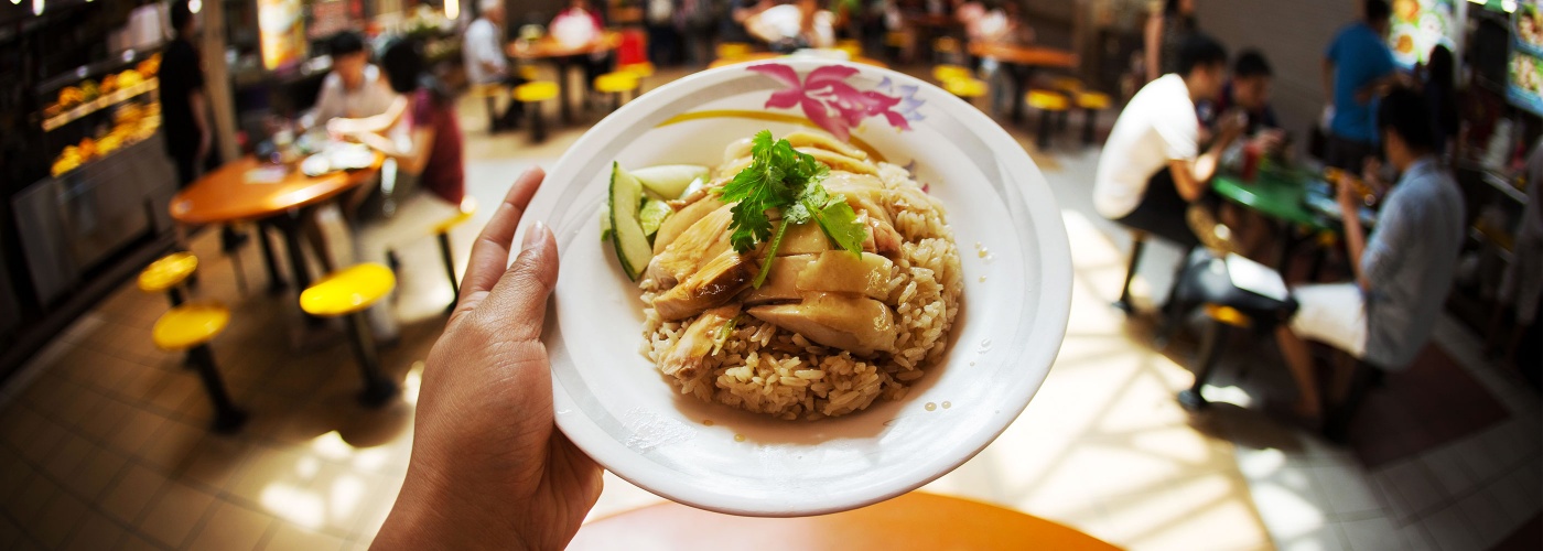 Plate of chicken rice in a hawker centre 