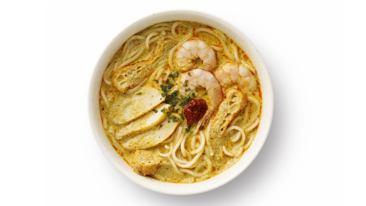 Flat lay of a bowl of laksa with prawns, fish cake slices and garnishing