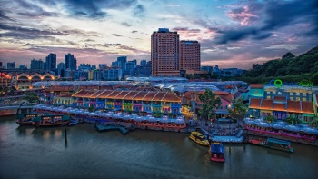 An evening aerial shot of Clarke Quay from Central 