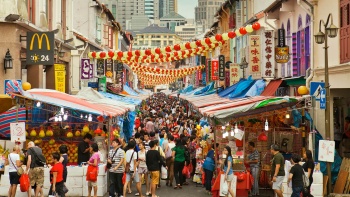 Chinatown street bazaar during the Chinese New Year festive period, with crowds and red and yellow lanterns hanging across the shophouses