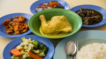 Close up shot of nasi padang – a plate of rice with a variety of side dishes