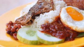 A plate of nasi lemak from Boon Lay Power Nasi Lemak. 
