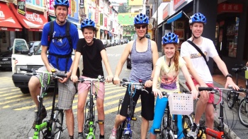 Family of five on a bicycle tour