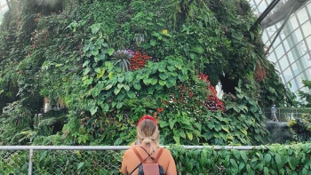 Wide shot of lady at Cloud Forest at Gardens by the Bay