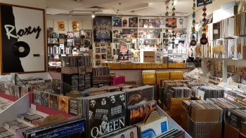 The interior showcase of vinyl records from Roxy Records & Trading