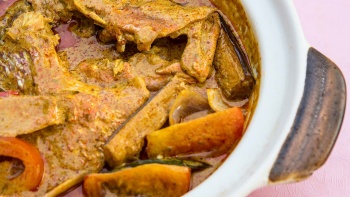 A pot of fish head curry from Samy’s Curry.