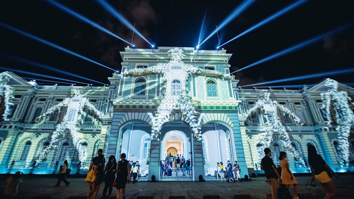 Light projections on the exterior of National Museum of Singapore at Singapore Night Festival