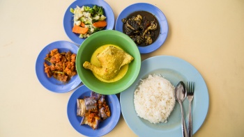 Flat lay of a variety of Nasi Padang dishes with a plate of white rice