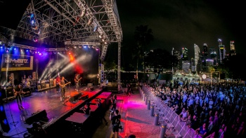Wide angle shot of a Baybeats performance on stage with crowd view