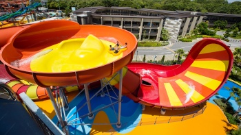 View from the top of the colourful Royal Flush waterslide at Wild Wild Wet 