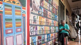 Seorang pria duduk di depan mural rak berisikan piringan hitam dan jendela etalase ruko di Little India