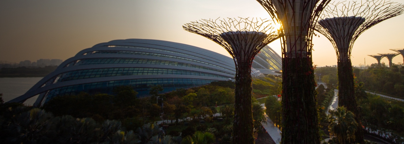 Aerial view of Gardens by the Bay, including Cloud Forest and Flower Dome, and Supertrees.