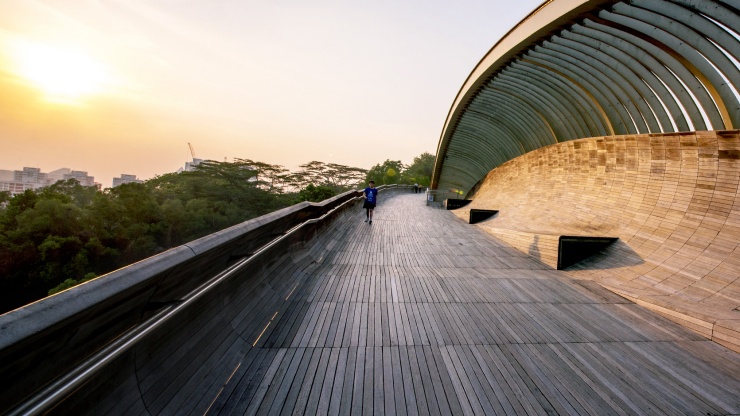 Seorang anak laki-laki berjalan di Henderson Waves Bridge selama jam emas