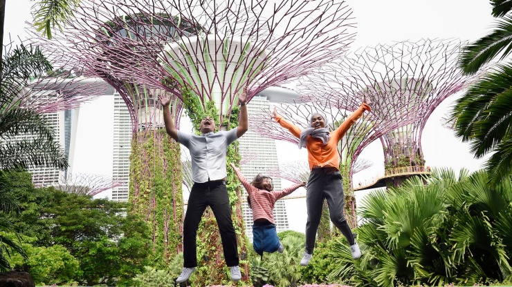 Foto sekelompok keluarga melompat di Supertree Grove di Gardens by the Bay