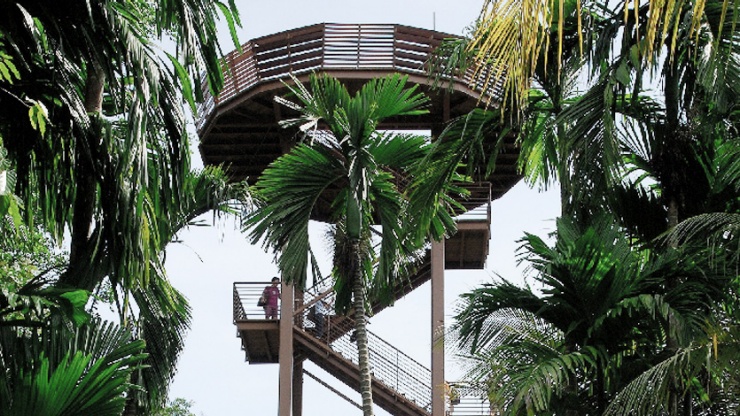 Foto bidikan lebar menara pengamatan di Chek Jawa