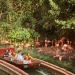 Keluarga menaiki wahana kapal Amazon River Quest di River Safari Singapore memperhatikan burung flamingo.