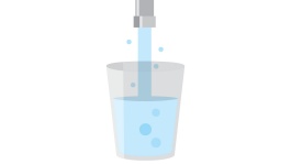 Ilustrasi air mengalir dari keran dengan air di cangkir