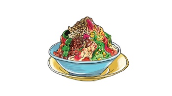 カラフルなシロップと小豆、スイートコーン、そして<i>アタップ・チー</i>(ニッパヤシの実)をトッピングしたアイス<i>カチャン</i>。