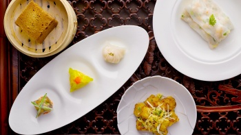 Aerial shot of platter and dim sum selections served at Jiang-Nan Chun