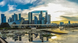 Sunset view of the Marina Bay skyline, reflected on the lotus pond outside the ArtScience museum™