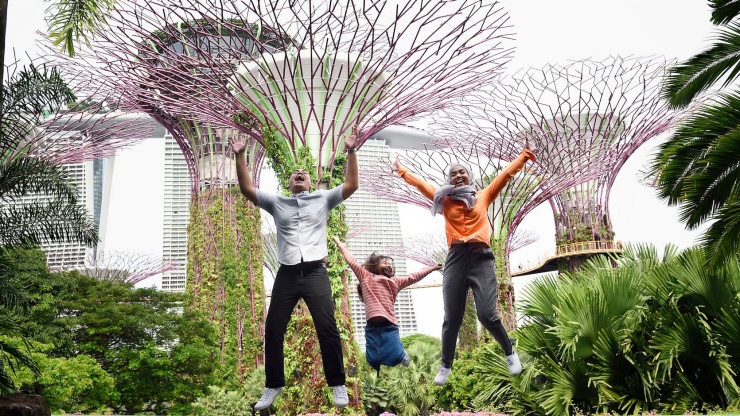 ガーデンズ・バイ・ザ・ベイのスーパーツリー・グローブでジャンプして写真を撮る家族