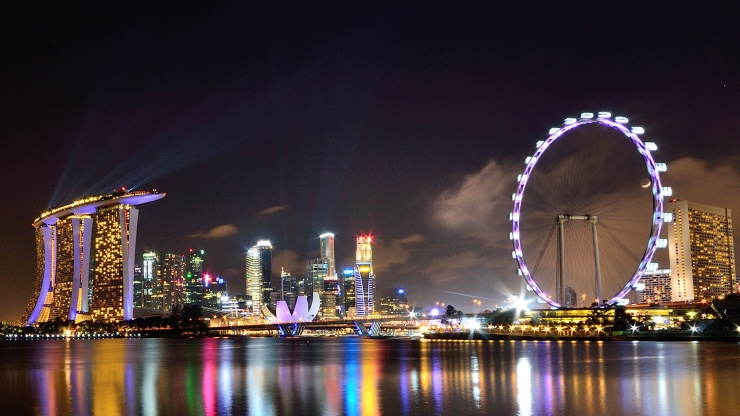 シンガポールのスカイラインを背景にそびえるシンガポール・フライヤーの夜景