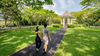 シンガポール植物園の遊歩道で散歩を楽しむカップル