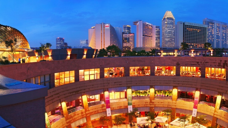 Panoramic night shot of Esplanade Theatres on the Bay