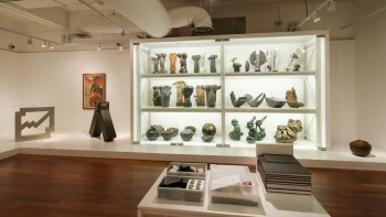 A shelf display of artefacts and artworks at NUS Museum