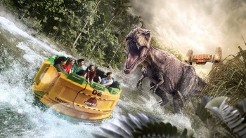 Visitors on a roller coaster at Universal Studios Singapore