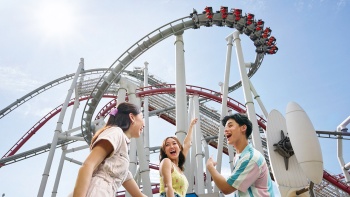 Visitors on a roller coaster at Universal Studios Singapore