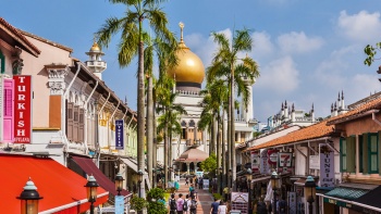 Shot of shophouses in Kampong Gelam with Sultan Mosque in the background