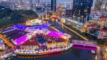 Aerial shot of the Clarke Quay district and the Singapore River