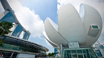 Shot of the Artscience Museum with Marina Bay Sands in the background