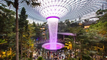 Evening view of the HSBC Rain Vortex and Shiseido Forest Valley in Jewel Changi Airport