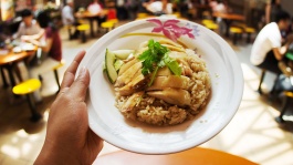 Plate of chicken rice in a hawker centre 