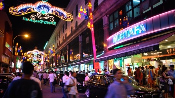 ทัศนียภาพยามค่ำคืนของ Mustafa Centre ในย่าน Little India