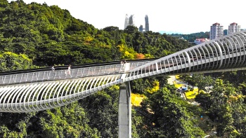 ภาพมุมกว้างของผู้หญิงบนสะพาน Henderson Waves